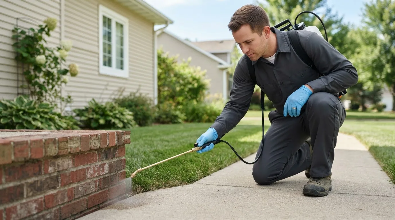 Pest control technician treating a home near Medway, ME