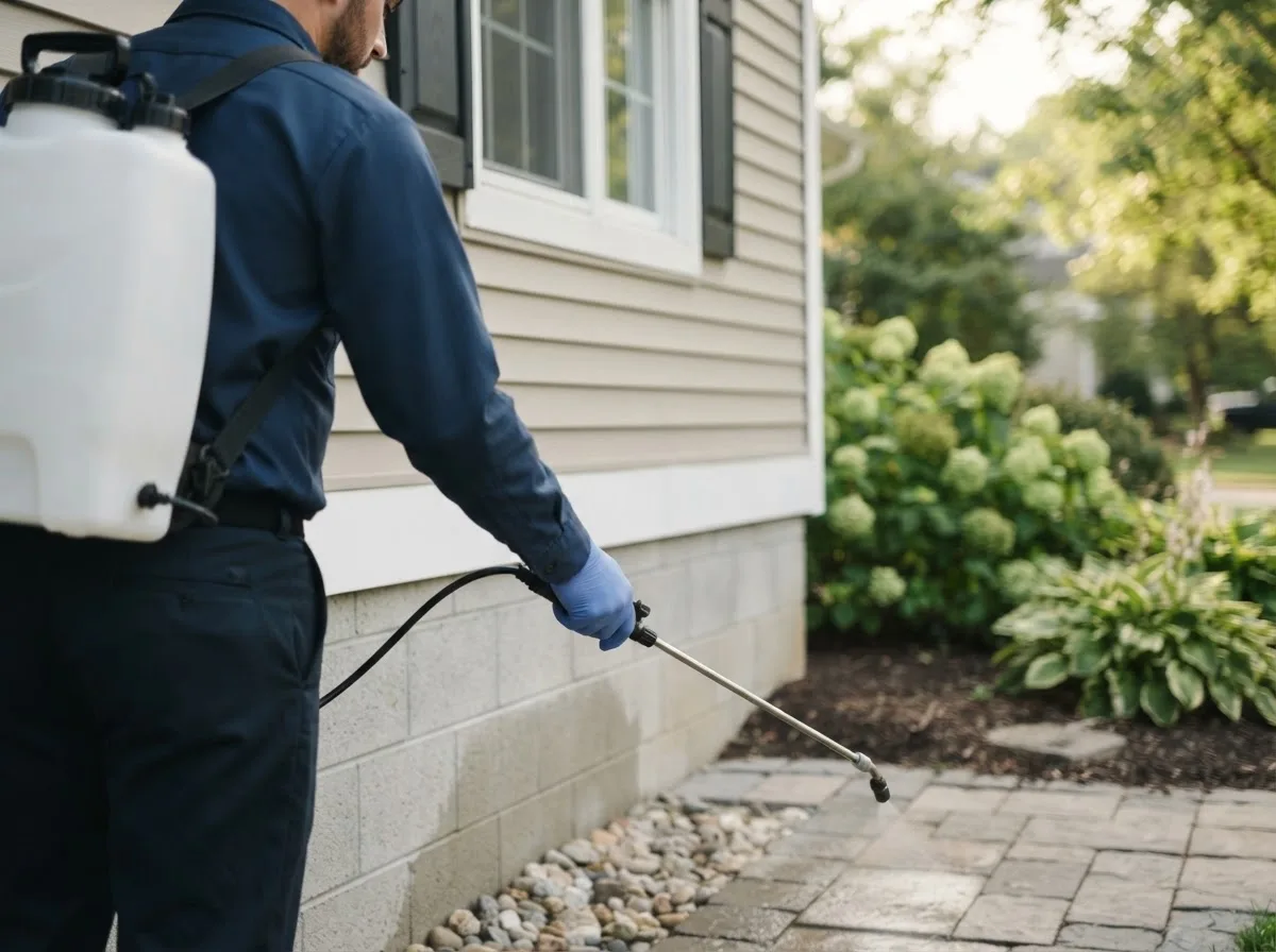 Pest control technician inspecting a home in Medway, ME